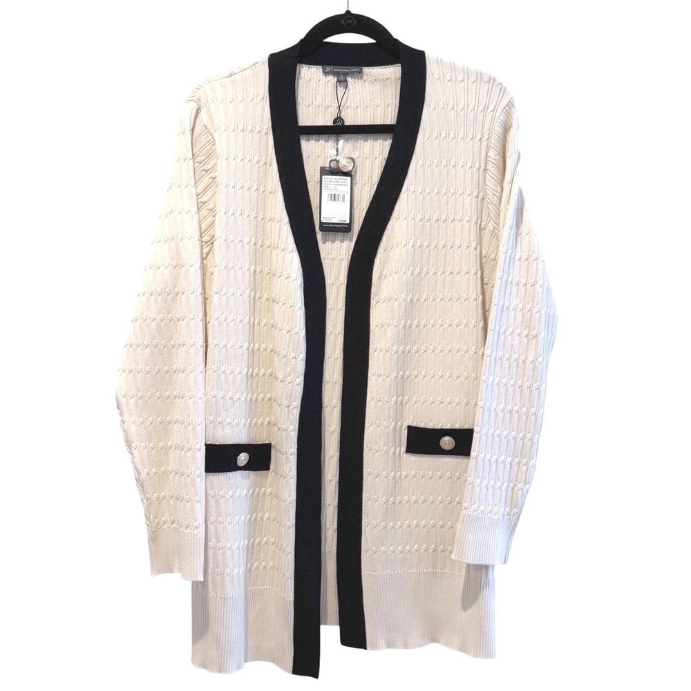 Adrianna Papell Womens Cream Black Open Front Cable Knit‎ Cardigan Sweater XL